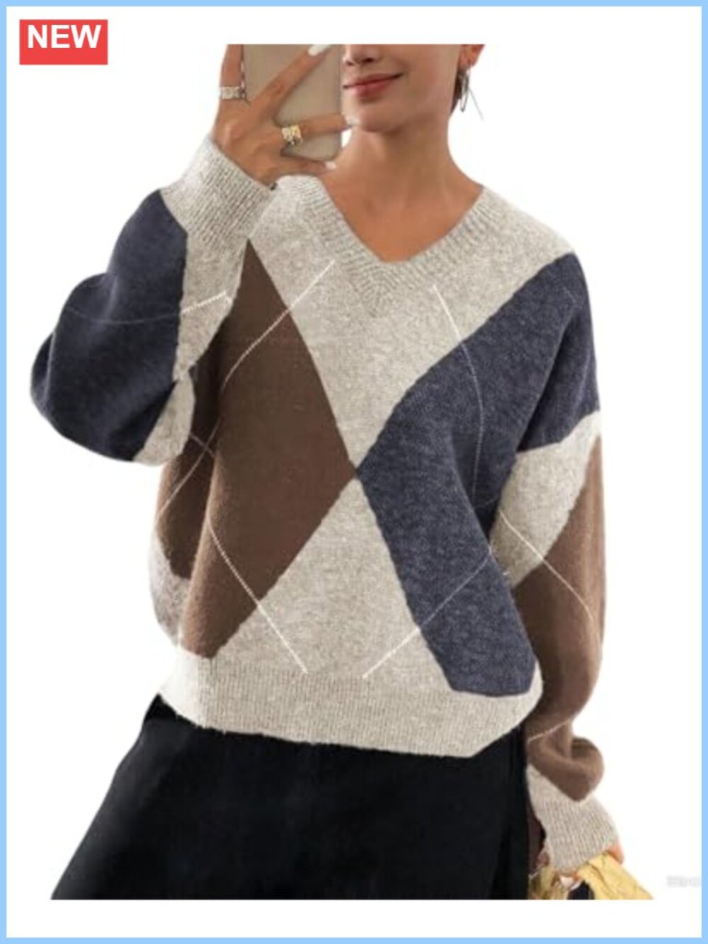 V-Neck Argyle Sweater Pullover Oversized Chunky Knit Casual